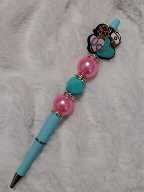 Nurse Theme Tall Beaded Decorative Pen - Pink & Turquoise